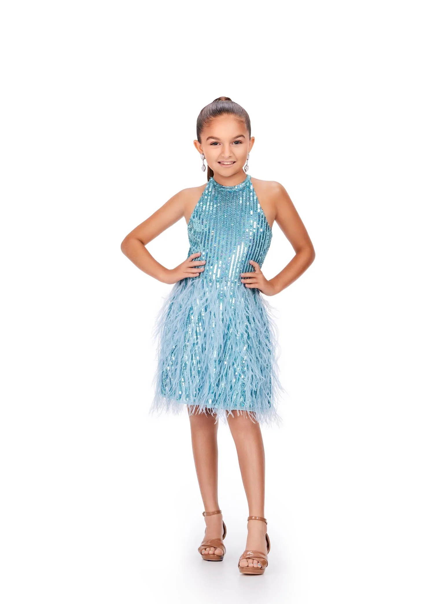 Ashley Lauren Kids 8196 Size 10 Orchid Fully Beaded Girls Cocktail Dress Halter Top With Feather A-Line Skirt - Image 5