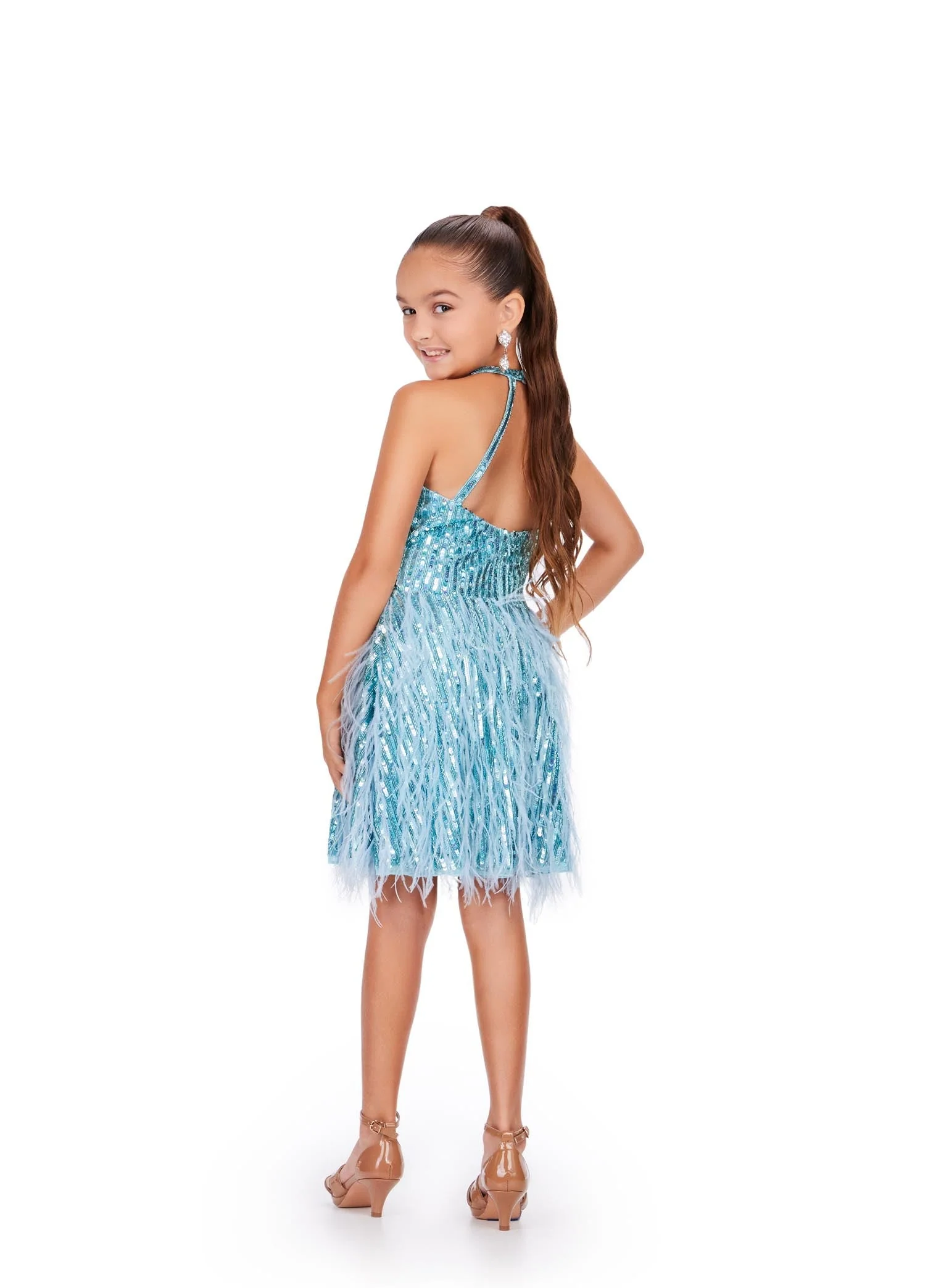 Ashley Lauren Kids 8196 Size 10 Orchid Fully Beaded Girls Cocktail Dress Halter Top With Feather A-Line Skirt - Image 9