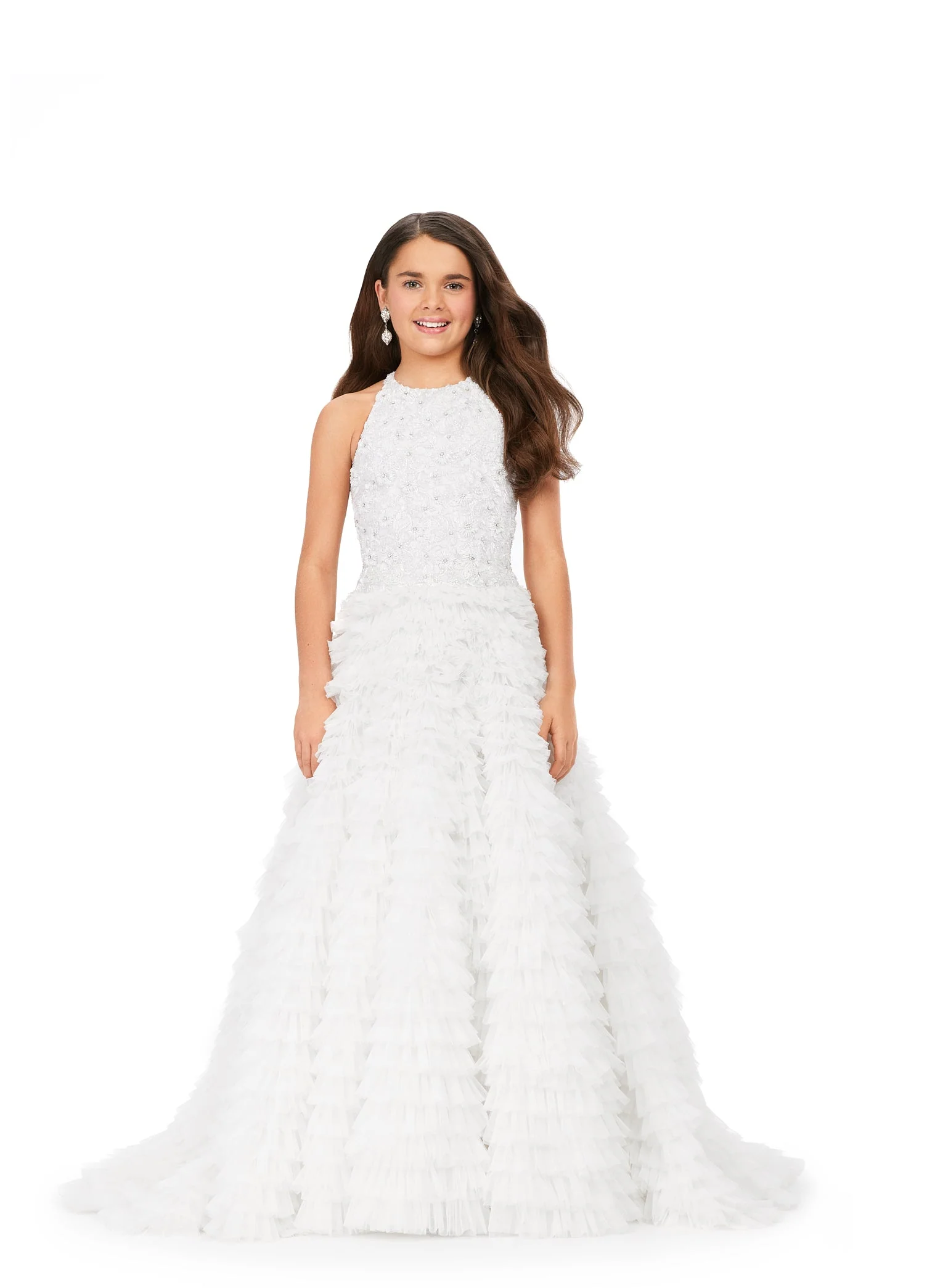 Ashley Lauren Kids 8198 Size 16 Hot Pink Ballgown Tulle Ruffles Beaded Bustier Halter Neckline Ballgown - Image 11