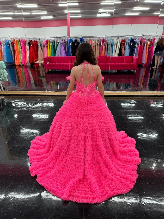 Ashley Lauren Kids 8198 Size 16 Hot Pink Ballgown Tulle Ruffles Beaded Bustier Halter Neckline Ballgown - Image 3