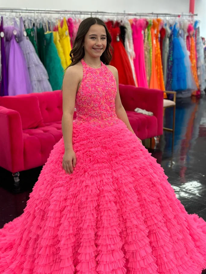 Ashley Lauren Kids 8198 Size 16 Hot Pink Ballgown Tulle Ruffles Beaded Bustier Halter Neckline Ballgown - Image 4