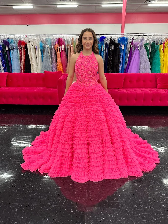 Ashley Lauren Kids 8198 Size 16 Hot Pink Ballgown Tulle Ruffles Beaded Bustier Halter Neckline Ballgown - Image 5
