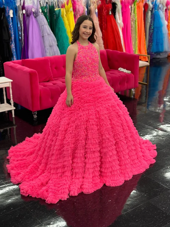 Ashley Lauren Kids 8198 Size 16 Hot Pink Ballgown Tulle Ruffles Beaded Bustier Halter Neckline Ballgown - Image 6