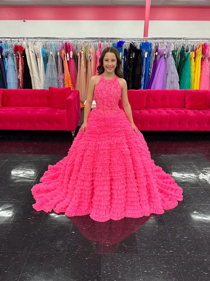 Ashley Lauren Kids 8198 Size 16 Hot Pink Ballgown Tulle Ruffles Beaded Bustier Halter Neckline Ballgown - Image 7