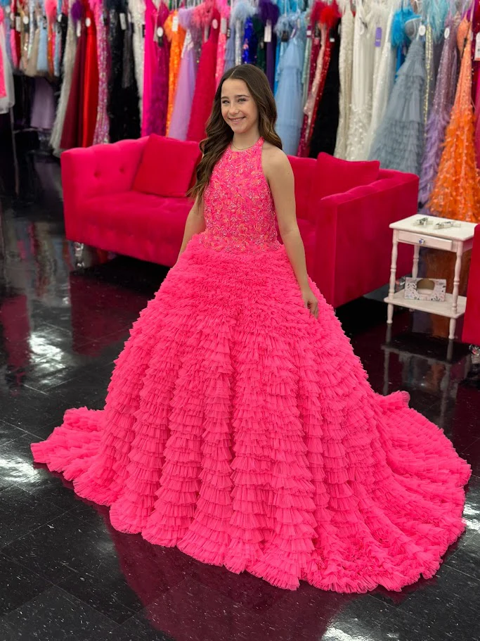 Ashley Lauren Kids 8198 Size 16 Hot Pink Ballgown Tulle Ruffles Beaded Bustier Halter Neckline Ballgown - Image 8
