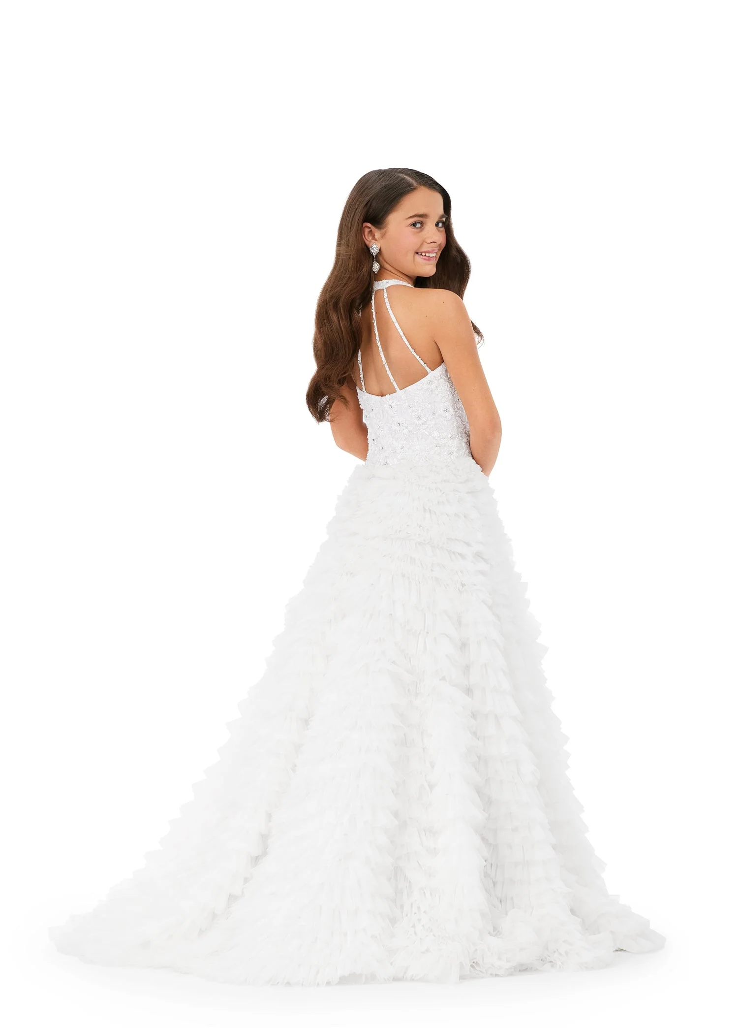 Ashley Lauren Kids 8198 Size 16 Hot Pink Ballgown Tulle Ruffles Beaded Bustier Halter Neckline Ballgown - Image 9