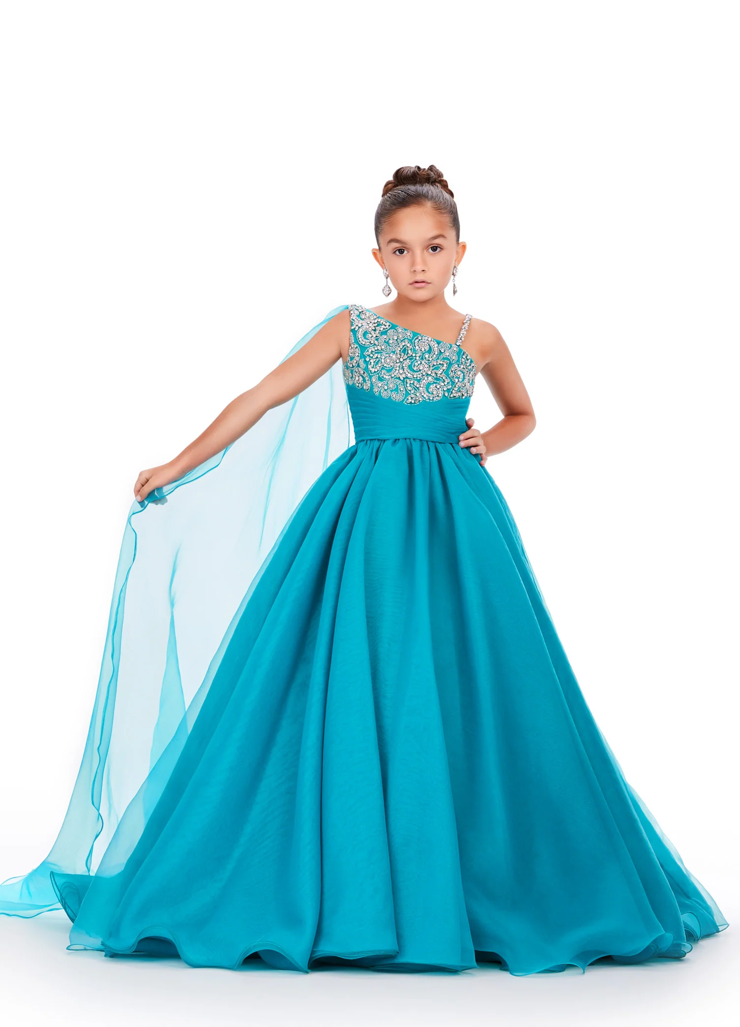 Ashley Lauren Kids 8212 One Shoulder Girls Pageant Dress Cape A Line Ball Gown Crystal - Image 4