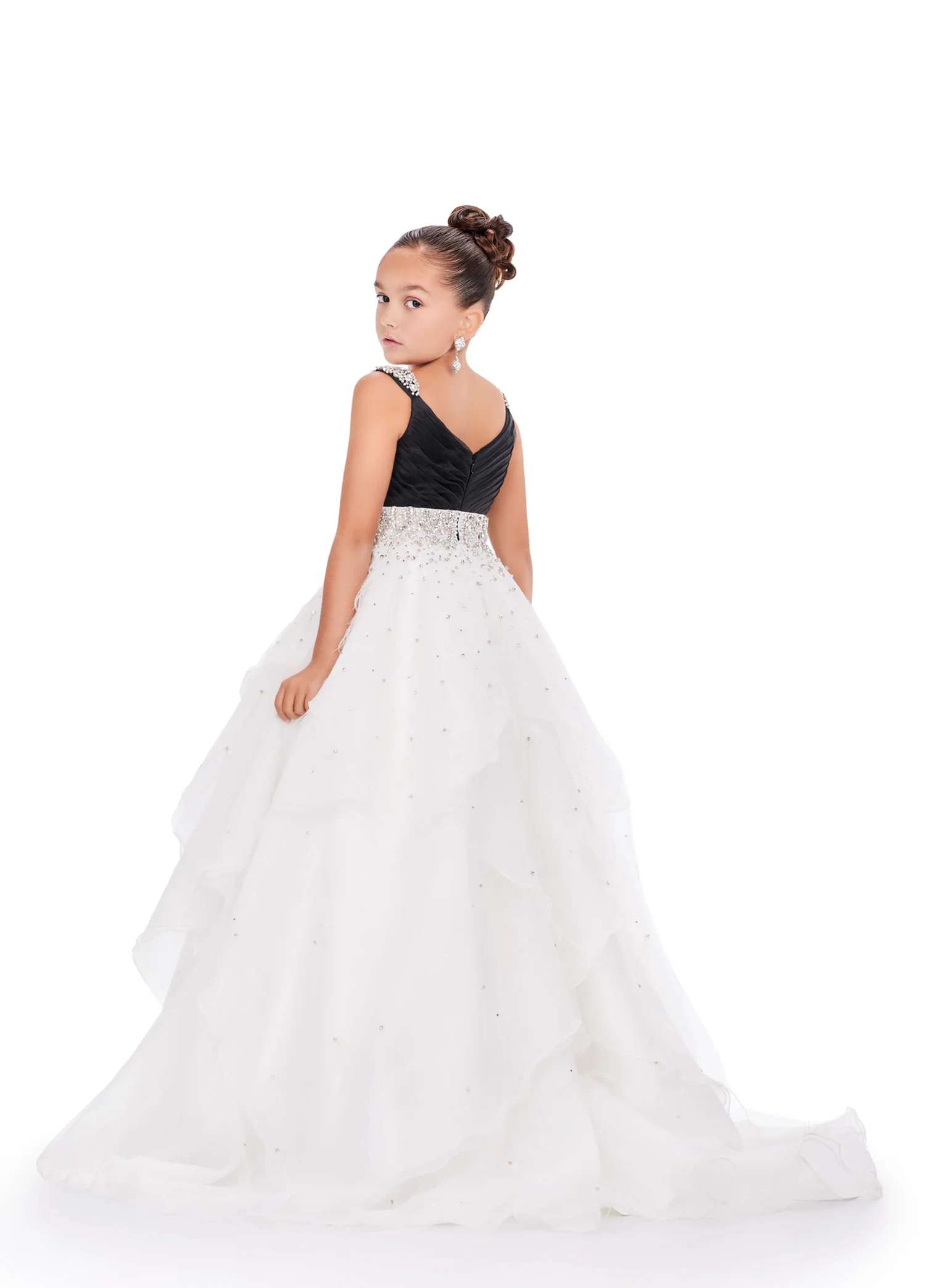 Ashley Lauren Kids 8219 Size 8 Black Ivory Girls Layered Feather Pageant Dress ballgown Embellished V Neck Gown - Image 2
