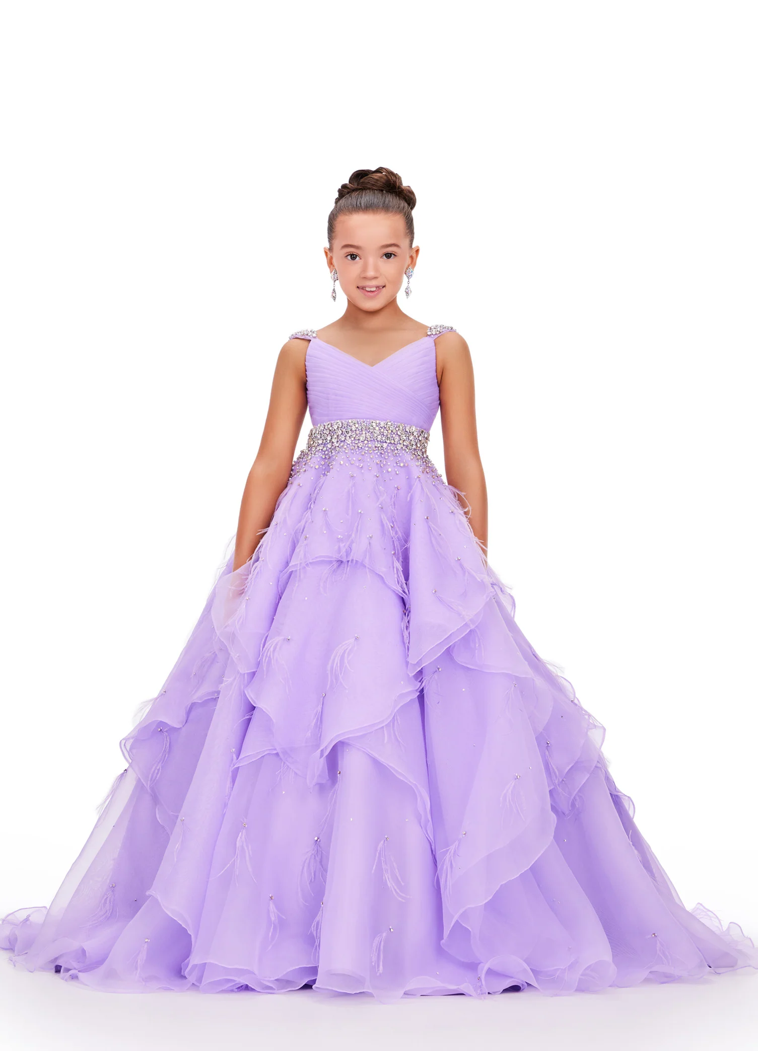 Ashley Lauren Kids 8219 Size 8 Black Ivory Girls Layered Feather Pageant Dress ballgown Embellished V Neck Gown - Image 3