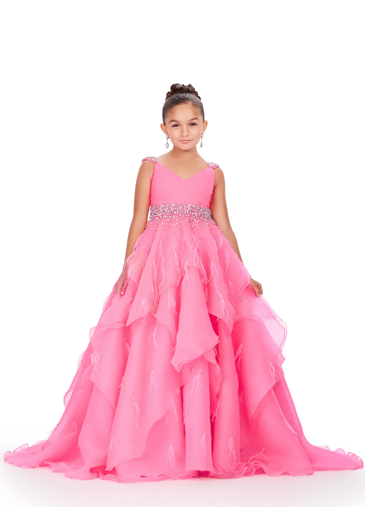 Ashley Lauren Kids 8219 Size 8 Black Ivory Girls Layered Feather Pageant Dress ballgown Embellished V Neck Gown - Image 4