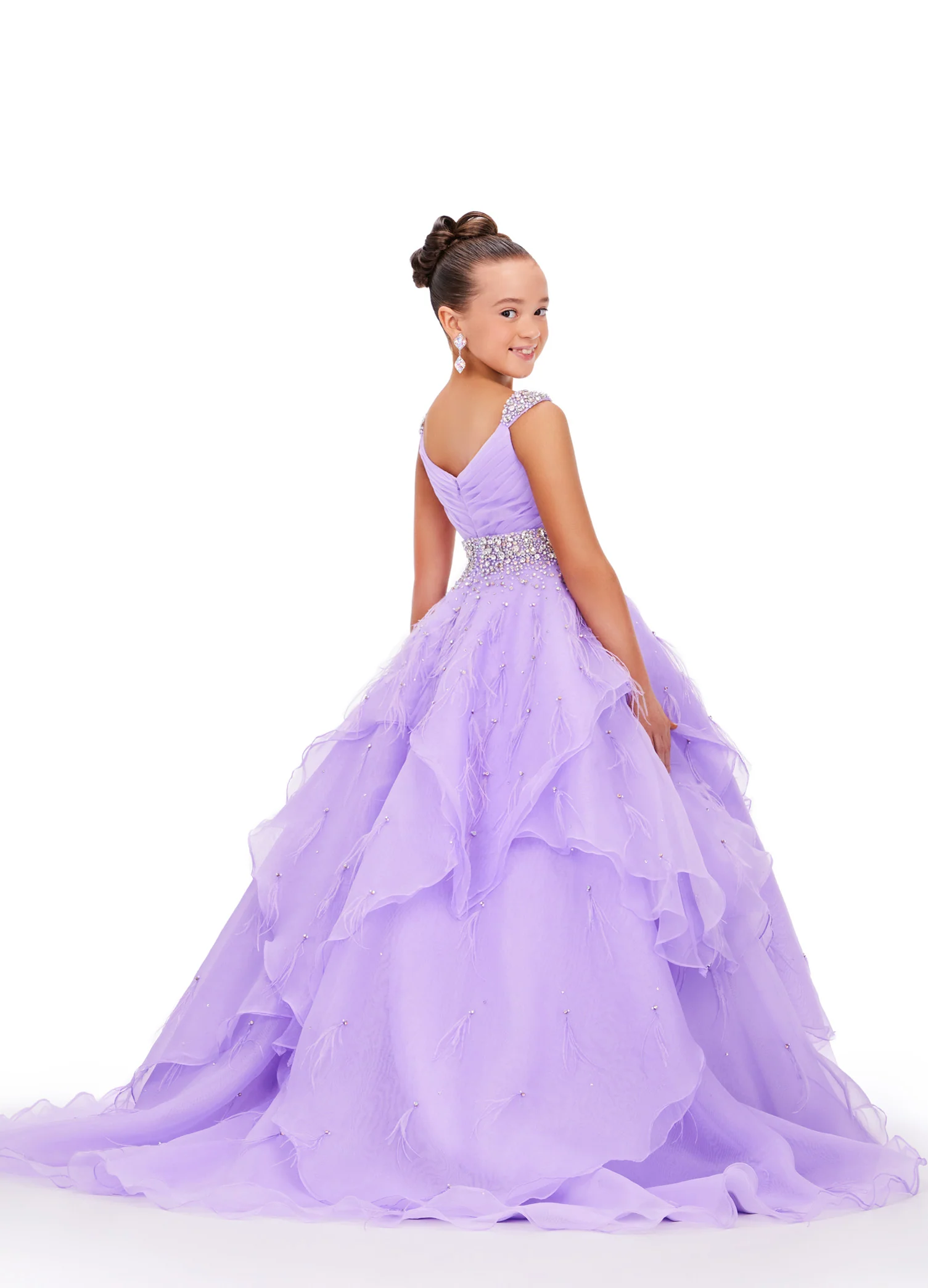 Ashley Lauren Kids 8219 Size 8 Black Ivory Girls Layered Feather Pageant Dress ballgown Embellished V Neck Gown - Image 5