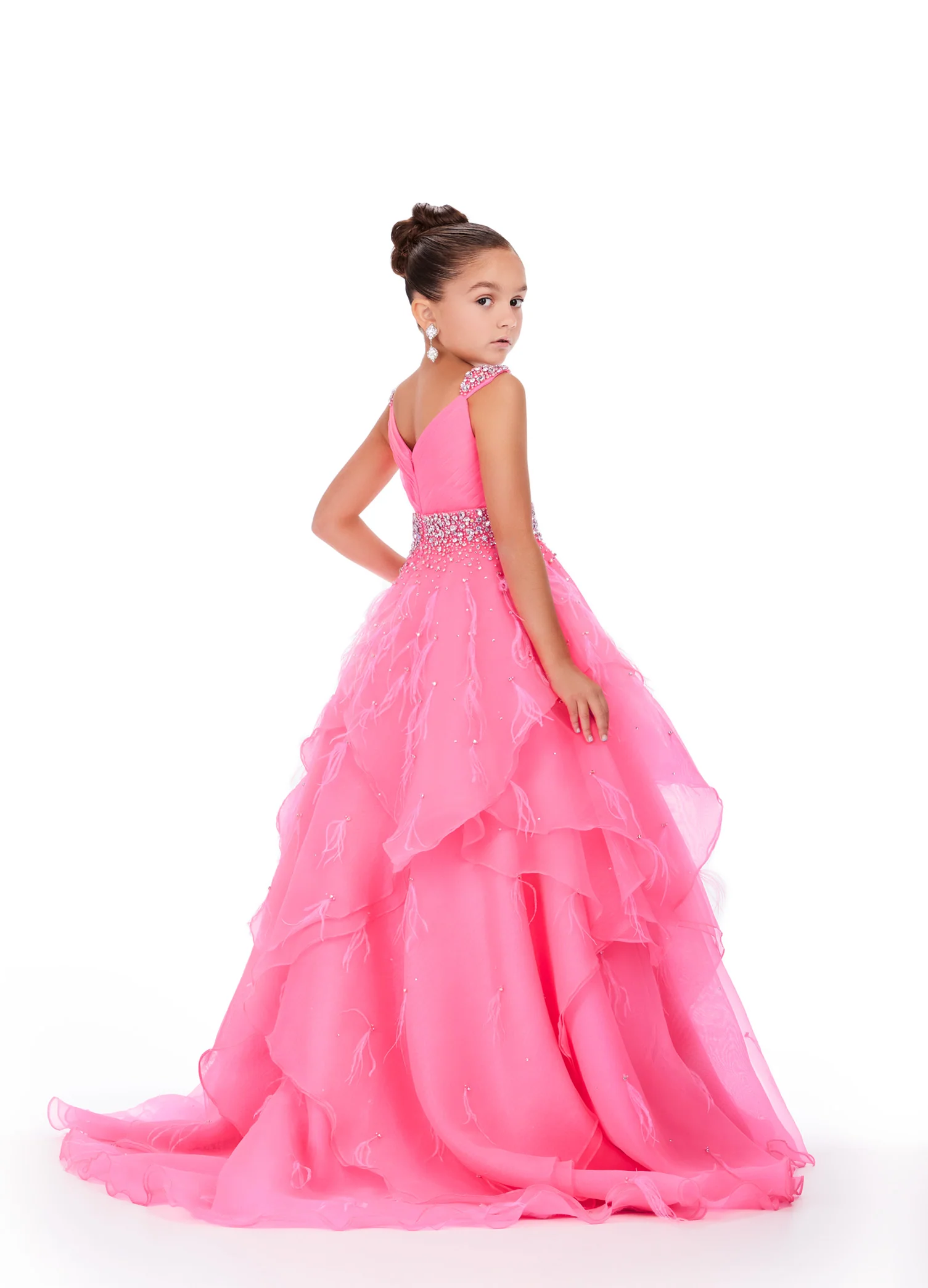 Ashley Lauren Kids 8219 Size 8 Black Ivory Girls Layered Feather Pageant Dress ballgown Embellished V Neck Gown - Image 6