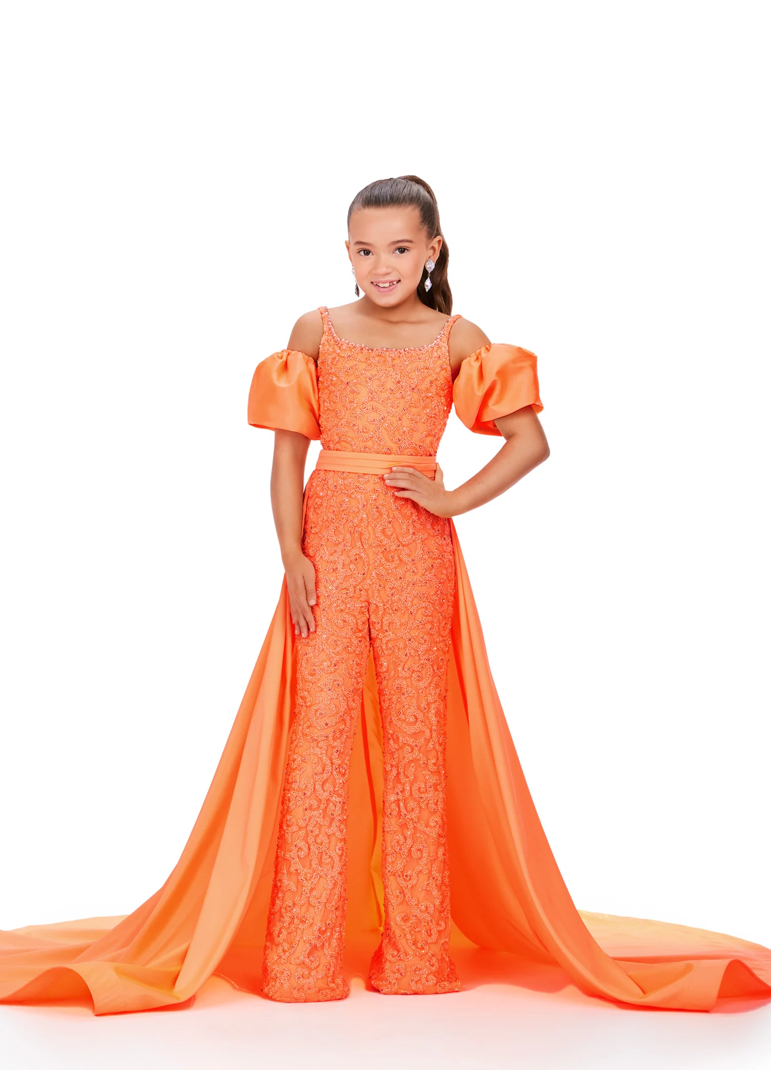 Ashley Lauren Kids 8269 Girls Beaded Puff Sleeve Jumpsuit Pageant Fun Fashion Overskirt Formal - Image 4