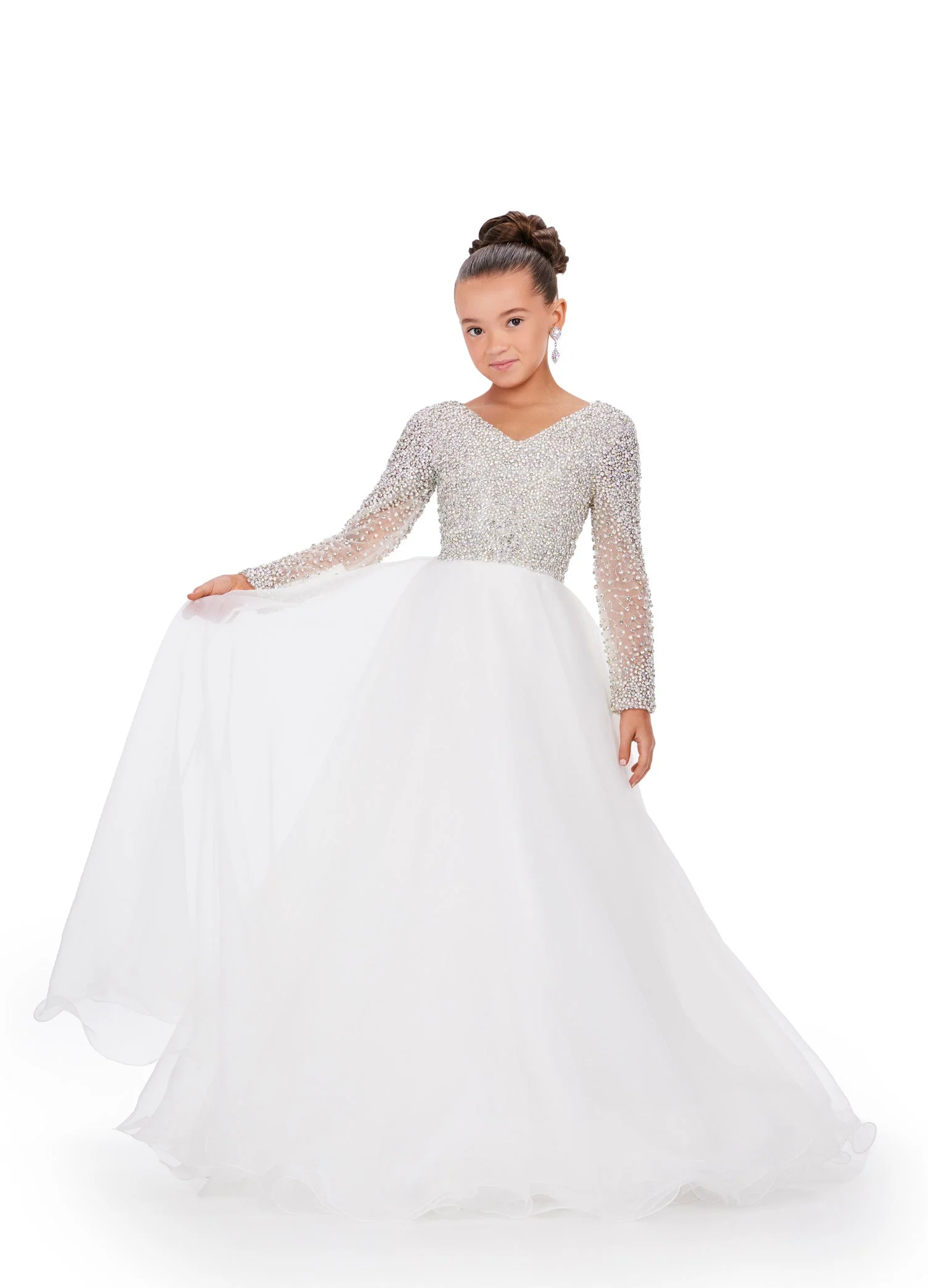 Ashley Lauren Kids 8271 Size 6 Hot Pink Girls Pageant Dress Crystal Long Sleeve A Line Pageant Dress Beaded Gown - Image 3