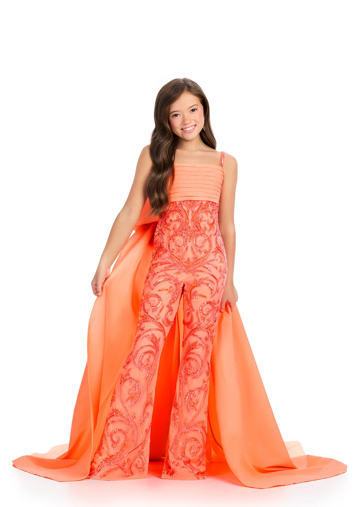 Ashley Lauren Kids 8292 Girls Beaded Pageant Jumpsuit Bow Cape Overskirt Formal Sequin Fun Fashion - Image 3
