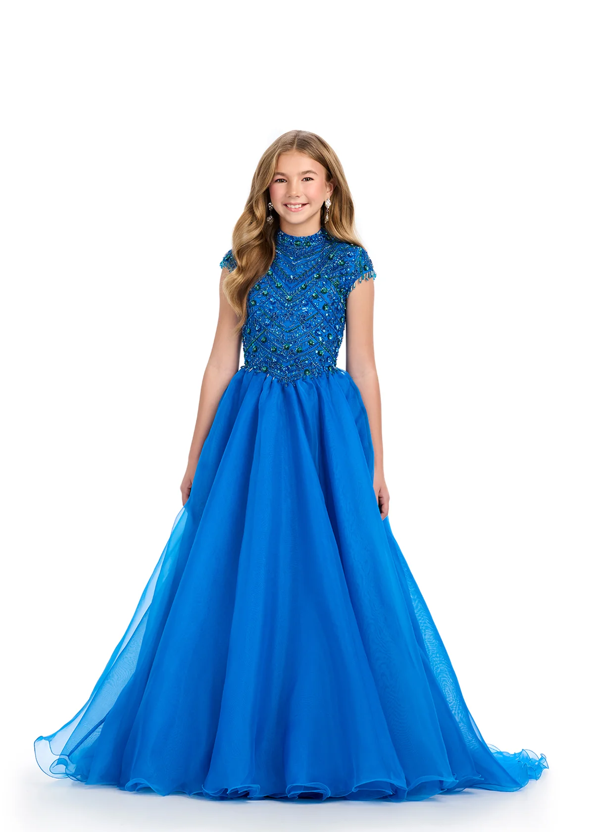 Ashley Lauren Kids 8296 Girls Beaded A Line Pageant Dress Fringe Ballgown High Neck Formal