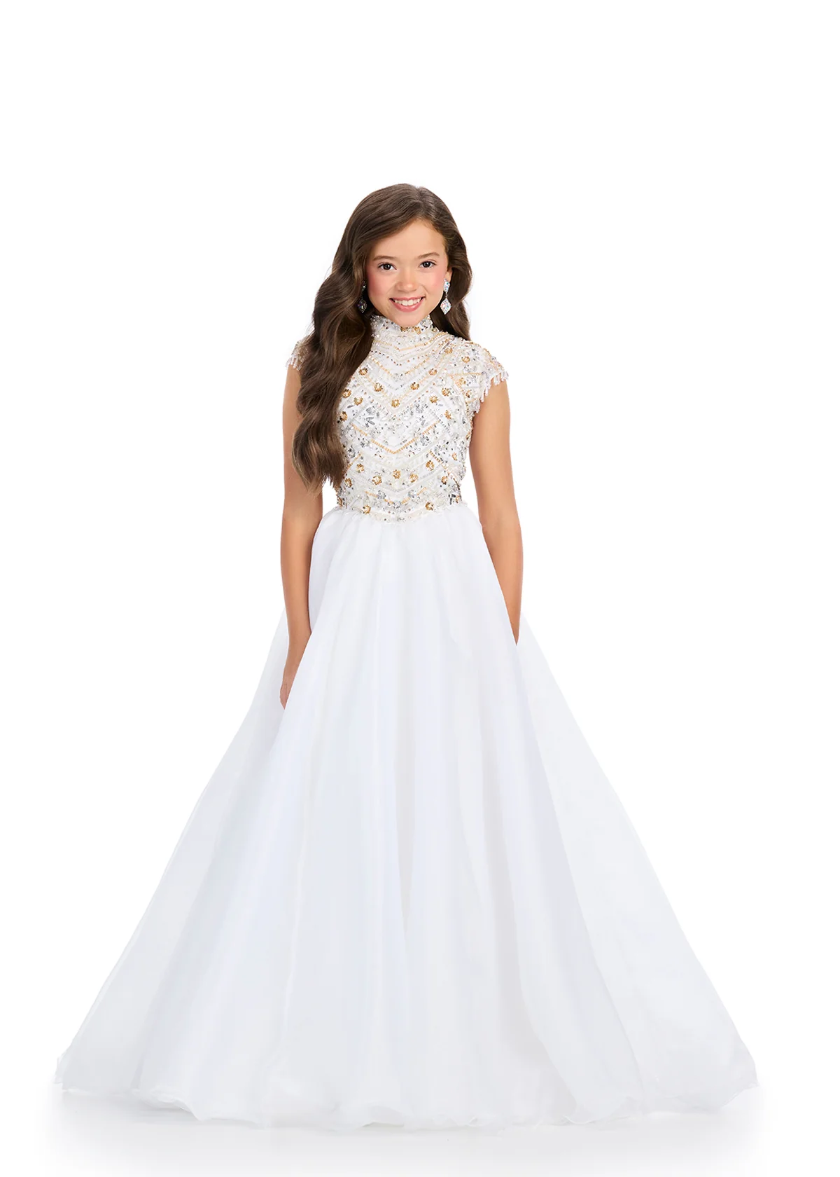 Ashley Lauren Kids 8296 Girls Beaded A Line Pageant Dress Fringe Ballgown High Neck Formal - Image 2
