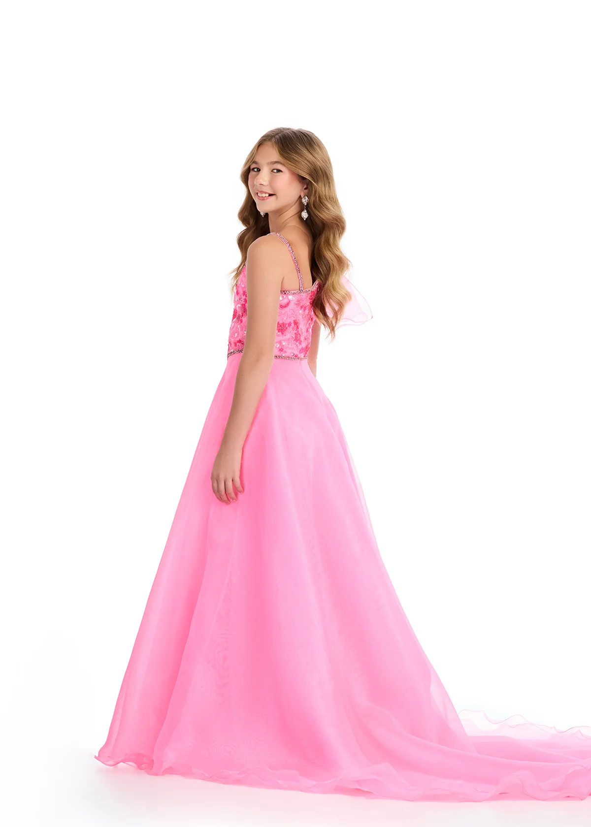 Ashley Lauren Kids 8300 Girls Beaded Pageant Dress Bow One Shoulder A Line Ballgown - Image 2