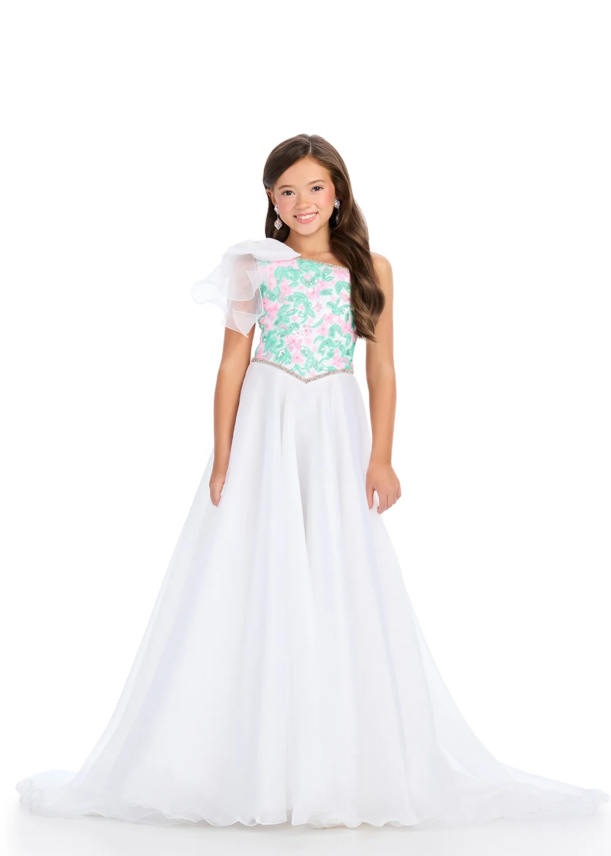 Ashley Lauren Kids 8300 Girls Beaded Pageant Dress Bow One Shoulder A Line Ballgown - Image 3