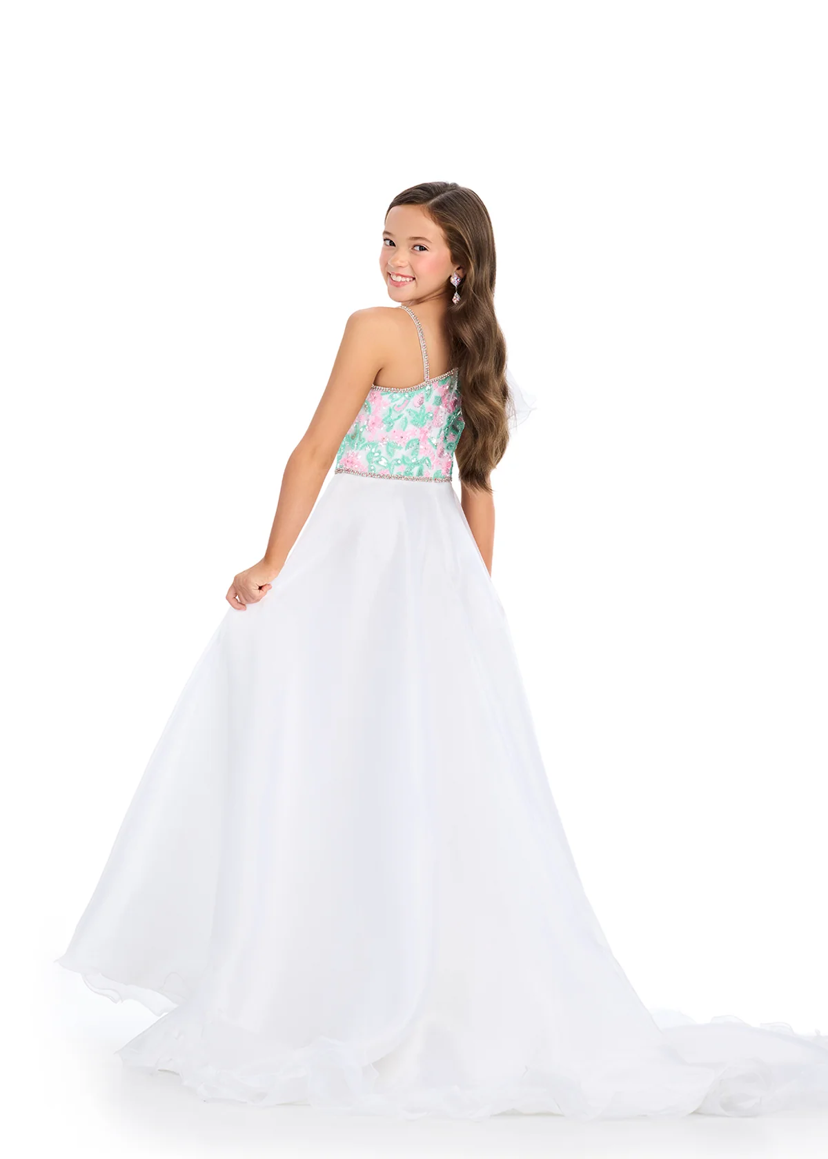 Ashley Lauren Kids 8300 Girls Beaded Pageant Dress Bow One Shoulder A Line Ballgown - Image 4