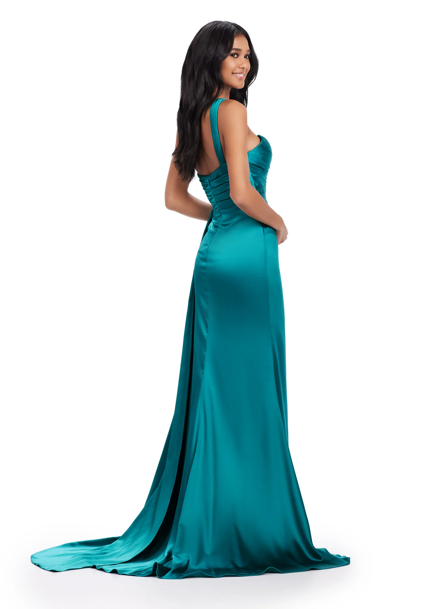 Ashley Lauren 11576 Long Prom Dress One Shoulder Ruched Satin Gown Slit Formal Pageant Gown - Image 6