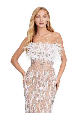 Ashley Lauren 11453 Long Prom Dress Strapless Fully Beaded Gown with Feathers Formal Pageant - Image 3