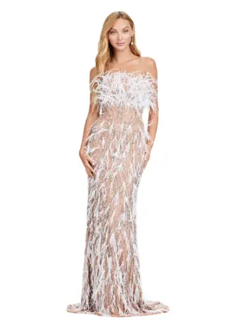 Ashley Lauren 11453 Long Prom Dress Strapless Fully Beaded Gown with Feathers Formal Pageant - Image 4