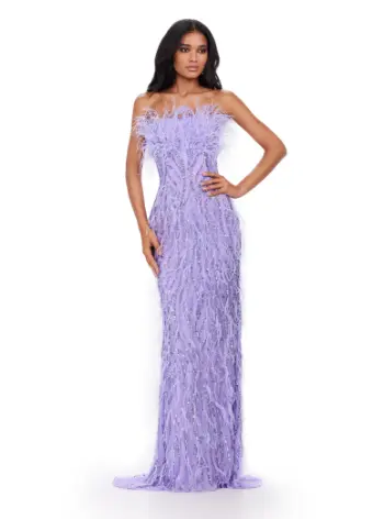 Ashley Lauren 11453 Long Prom Dress Strapless Fully Beaded Gown with Feathers Formal Pageant - Image 6