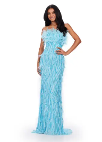 Ashley Lauren 11453 Long Prom Dress Strapless Fully Beaded Gown with Feathers Formal Pageant - Image 7