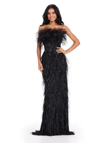 Ashley Lauren 11453 Long Prom Dress Strapless Fully Beaded Gown with Feathers Formal Pageant - Image 8