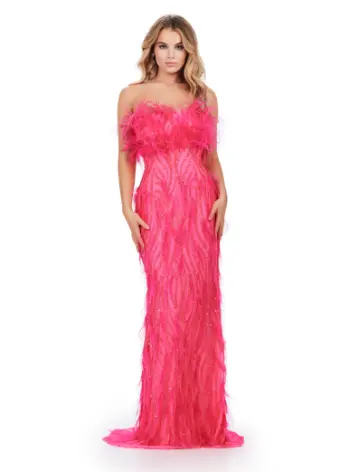 Ashley Lauren 11453 Long Prom Dress Strapless Fully Beaded Gown with Feathers Formal Pageant - Image 9