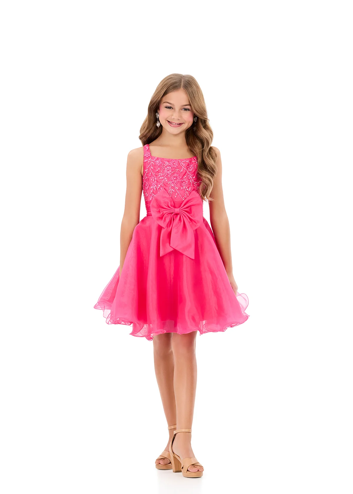 ASHLEYlauren 8359 Girls short dress heat set bodice flowy organza skirt