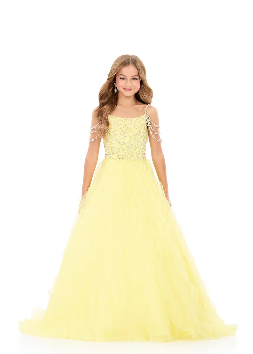 Ashleylauren 8382 Girls Pageant Dress Cascading Ruffles Crystal Bodice Fringe off the Shoulder Straps - Image 10