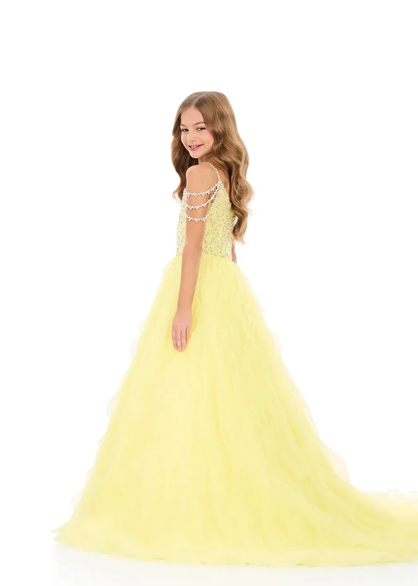 Ashleylauren 8382 Girls Pageant Dress Cascading Ruffles Crystal Bodice Fringe off the Shoulder Straps - Image 11