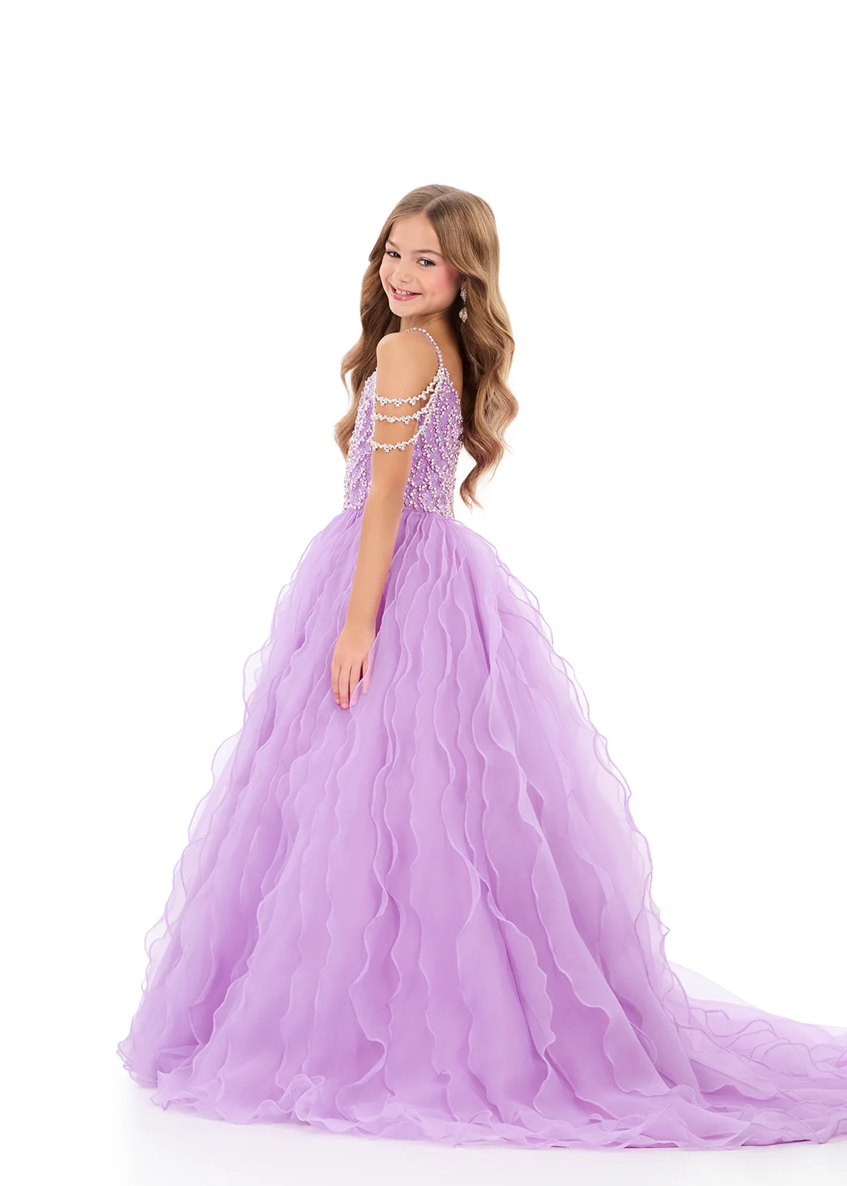 Ashleylauren 8382 Girls Pageant Dress Cascading Ruffles Crystal Bodice Fringe off the Shoulder Straps - Image 2