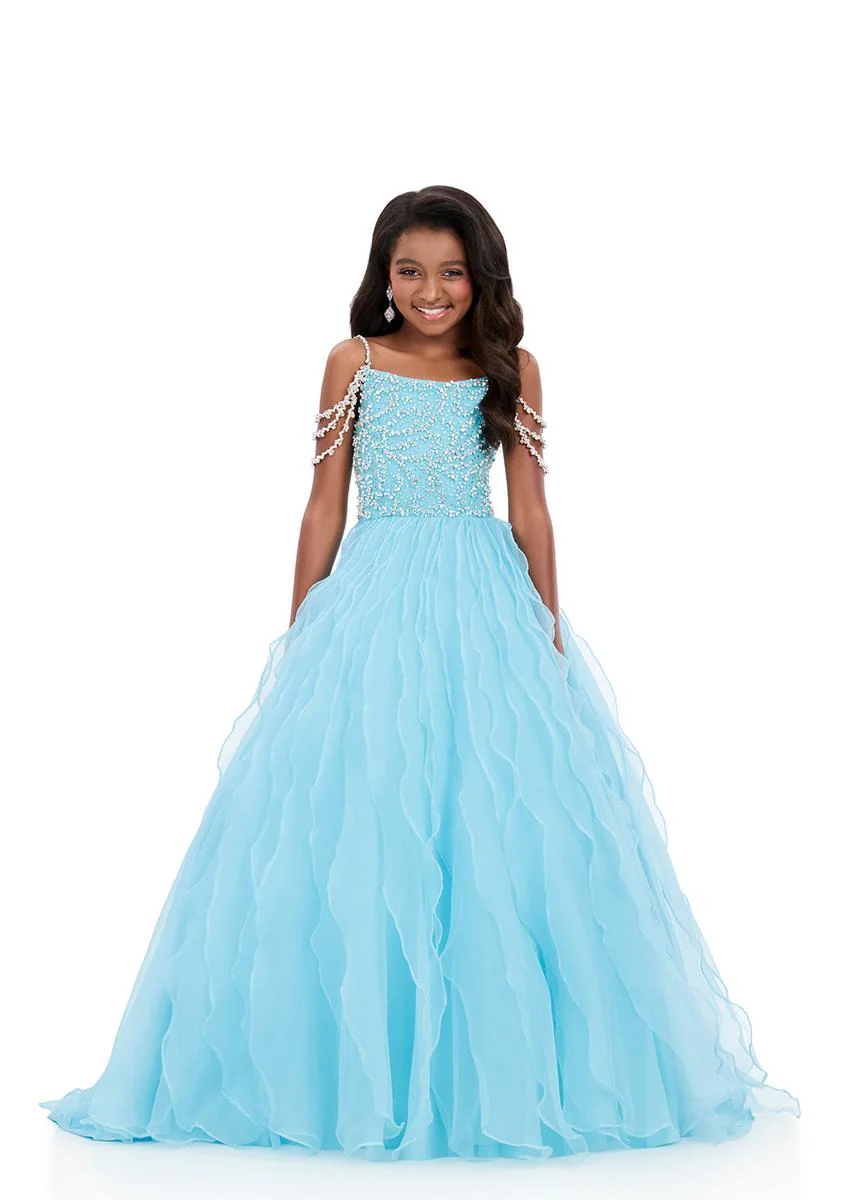 Ashleylauren 8382 Girls Pageant Dress Cascading Ruffles Crystal Bodice Fringe off the Shoulder Straps - Image 3
