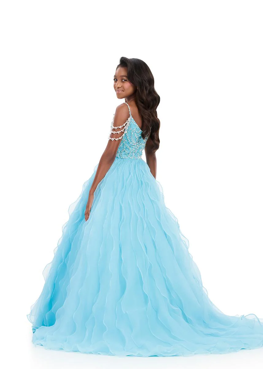 Ashleylauren 8382 Girls Pageant Dress Cascading Ruffles Crystal Bodice Fringe off the Shoulder Straps - Image 4
