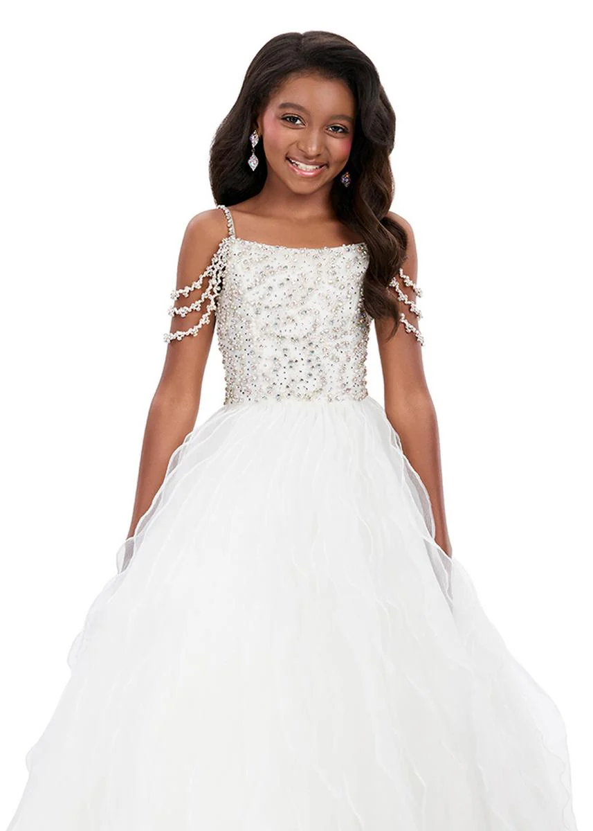 Ashleylauren 8382 Girls Pageant Dress Cascading Ruffles Crystal Bodice Fringe off the Shoulder Straps - Image 5