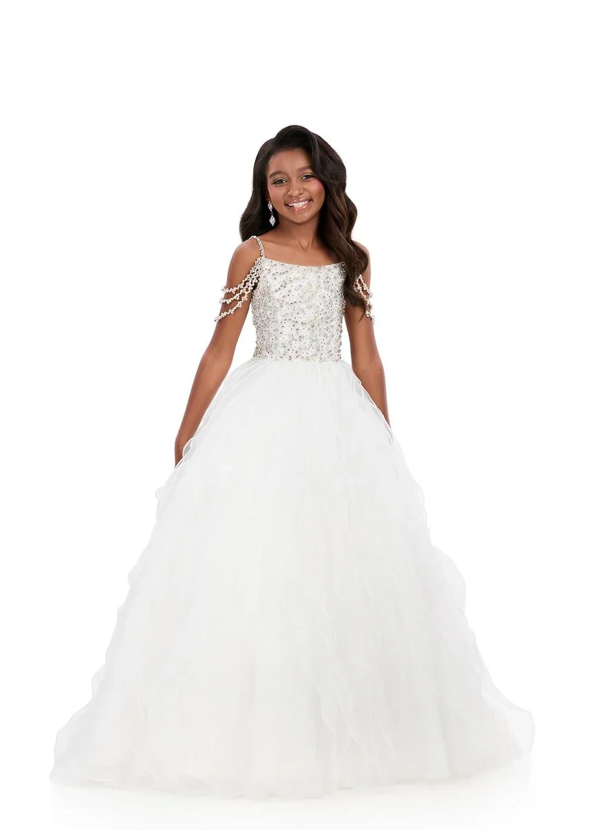 Ashleylauren 8382 Girls Pageant Dress Cascading Ruffles Crystal Bodice Fringe off the Shoulder Straps - Image 6