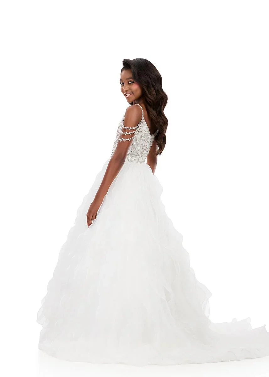 Ashleylauren 8382 Girls Pageant Dress Cascading Ruffles Crystal Bodice Fringe off the Shoulder Straps - Image 7