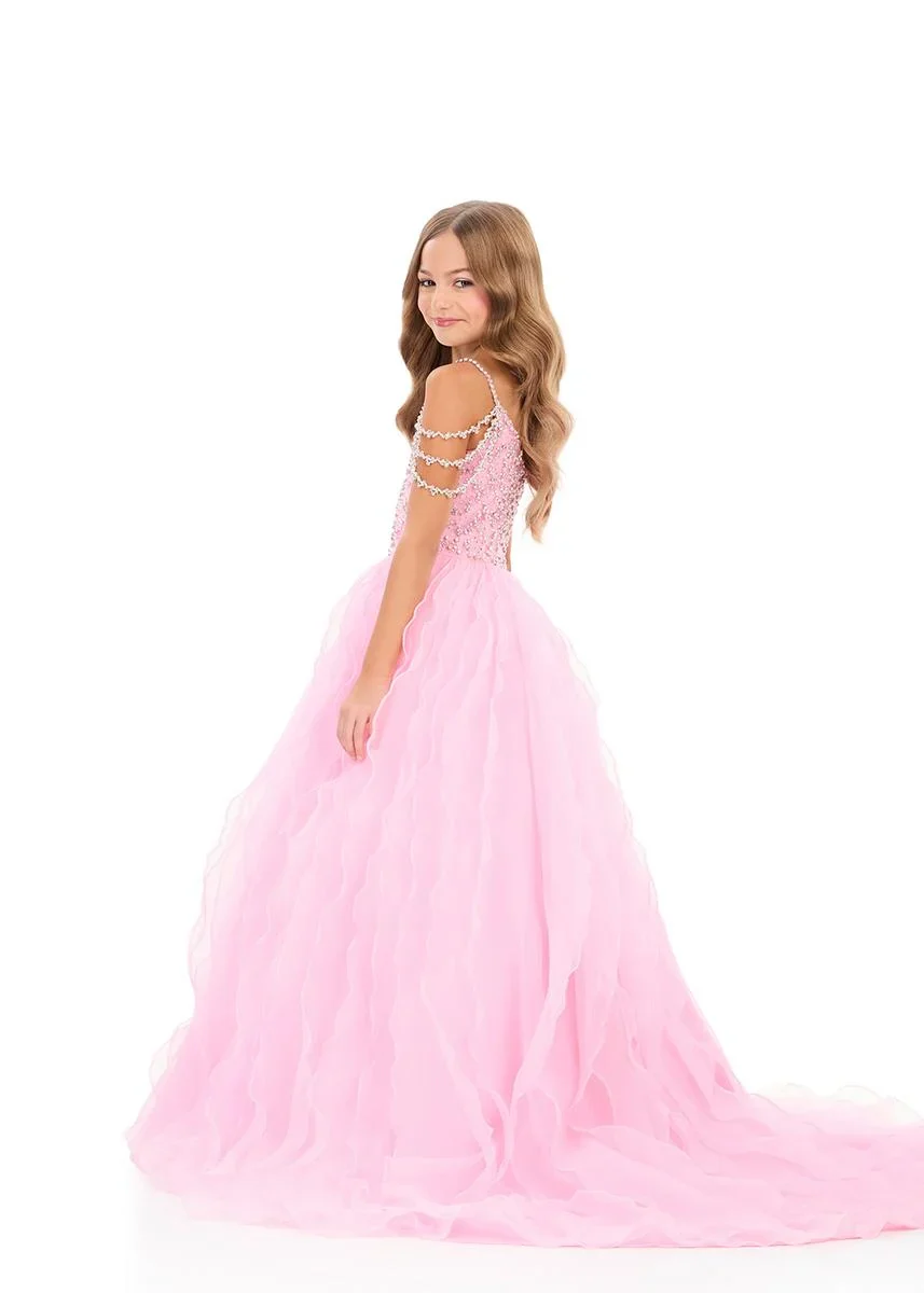 Ashleylauren 8382 Girls Pageant Dress Cascading Ruffles Crystal Bodice Fringe off the Shoulder Straps - Image 9