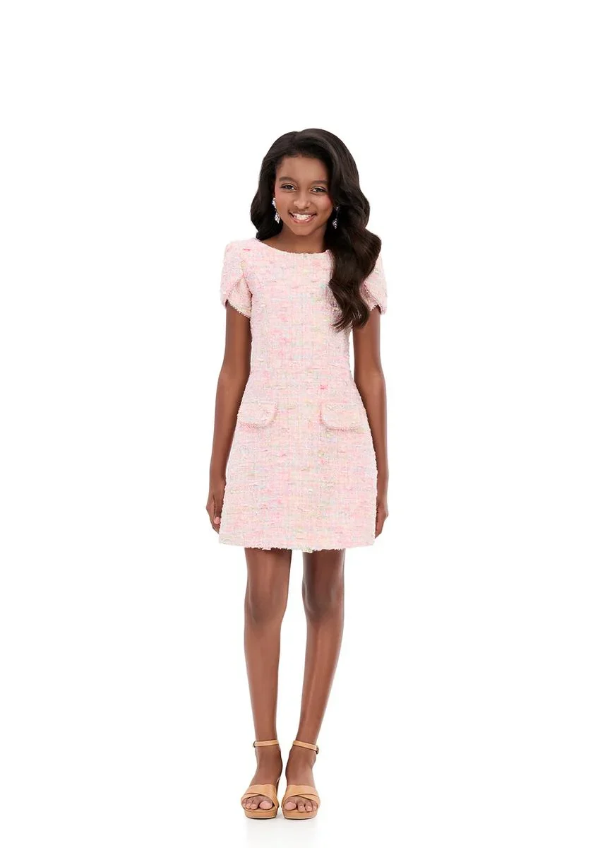 ASHLEYlauren 8389 Girls Short Dress Tweed Puff Sleeves