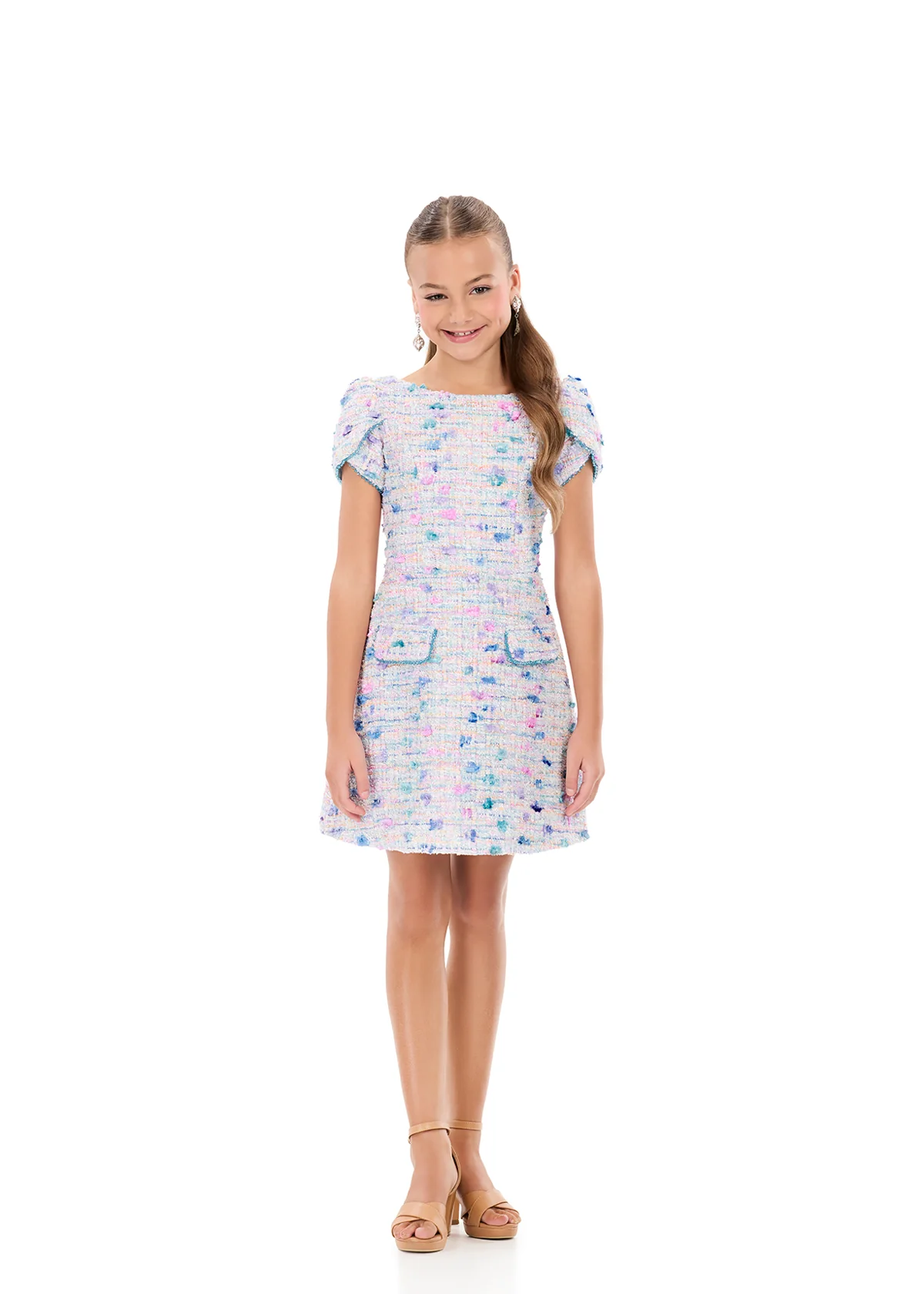 ASHLEYlauren 8389 Girls Short Dress Tweed Puff Sleeves - Image 2