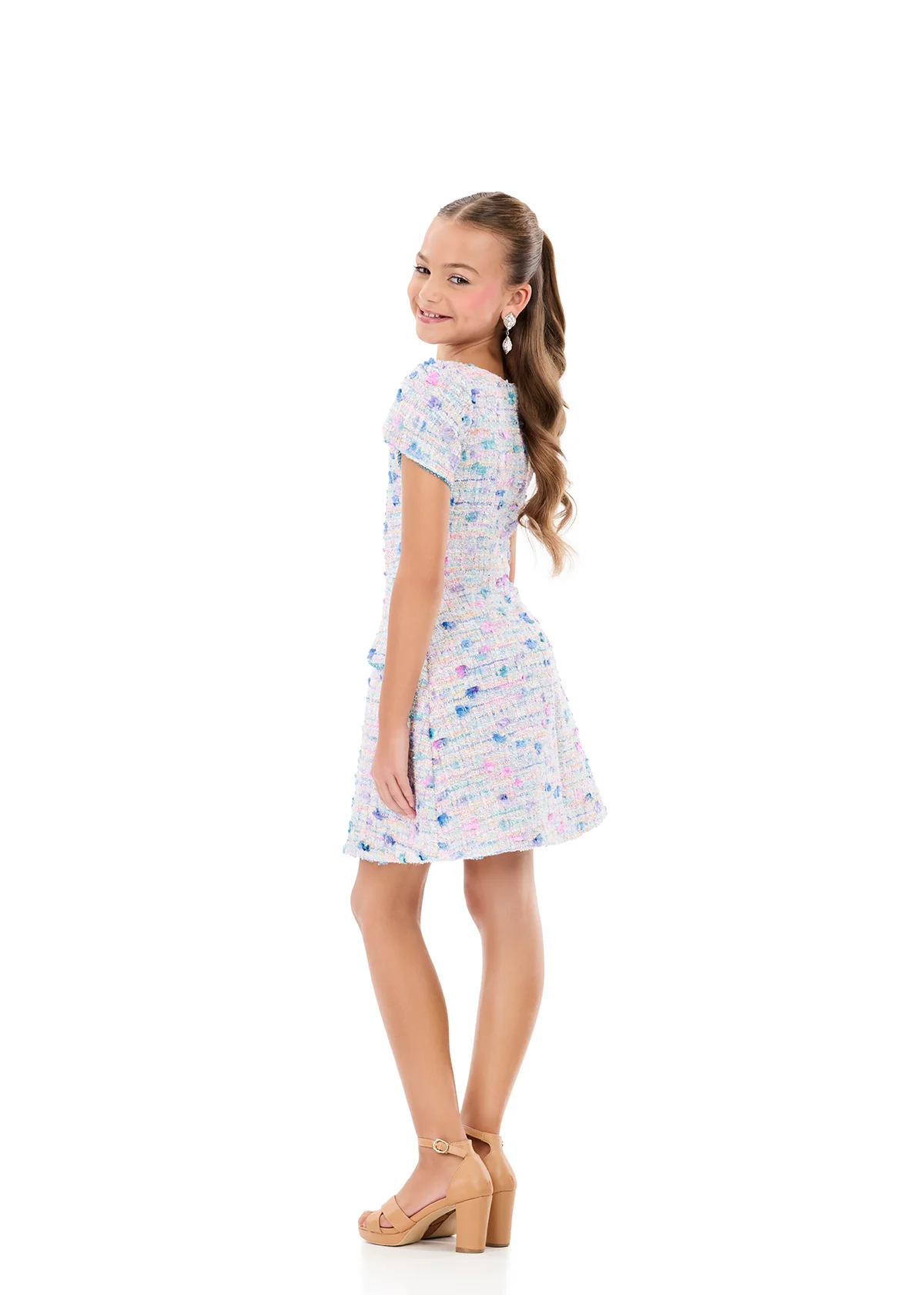 ASHLEYlauren 8389 Girls Short Dress Tweed Puff Sleeves - Image 4