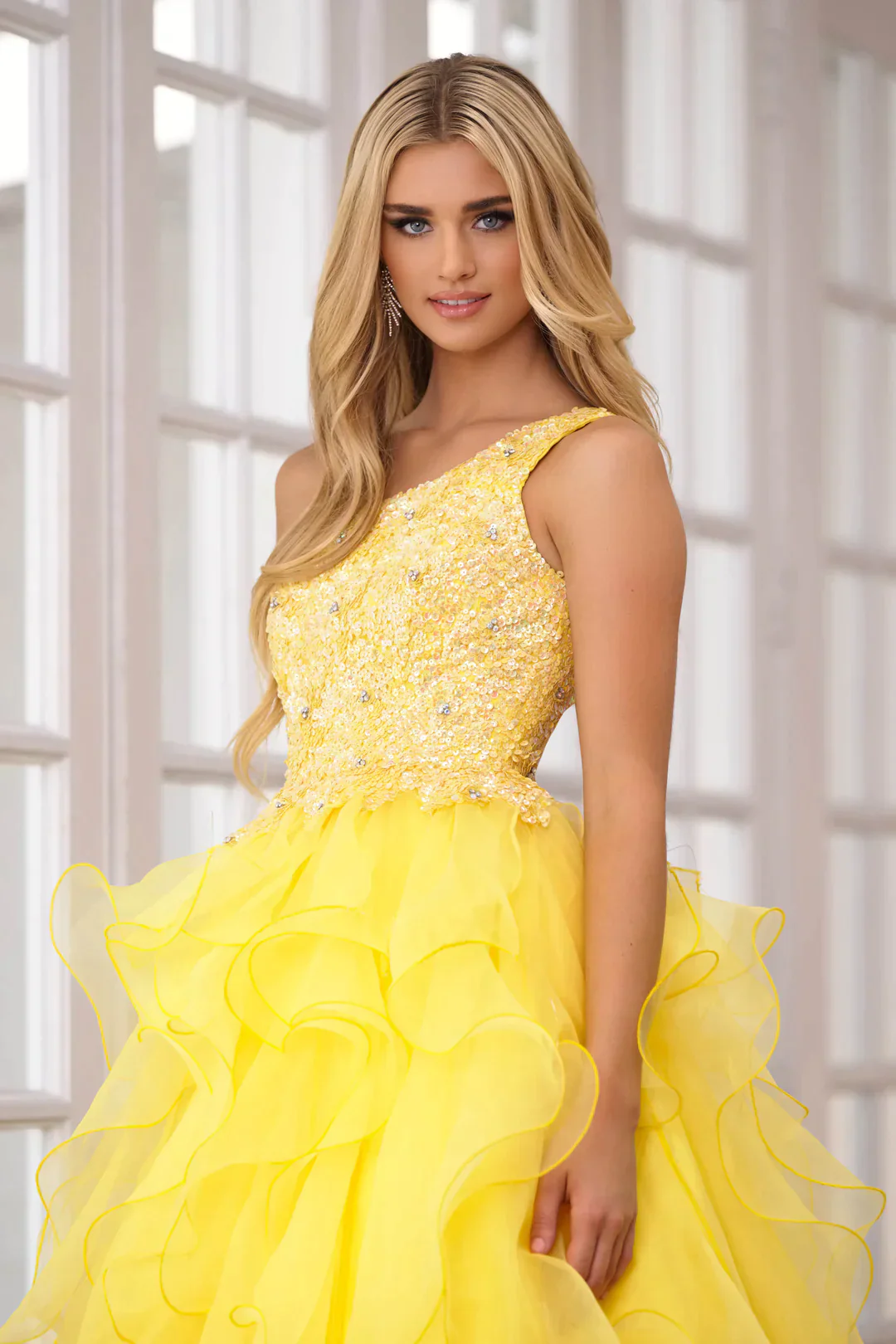 Ava Presley 28576 Size 2 Yellow Long Prom Dress One Shoulder Sequin Bodice  Layered Organza Skirt Formal Pageant Gown - Image 2