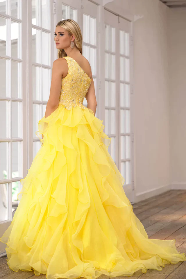 Ava Presley 28576 Size 2 Yellow Long Prom Dress One Shoulder Sequin Bodice  Layered Organza Skirt Formal Pageant Gown - Image 3