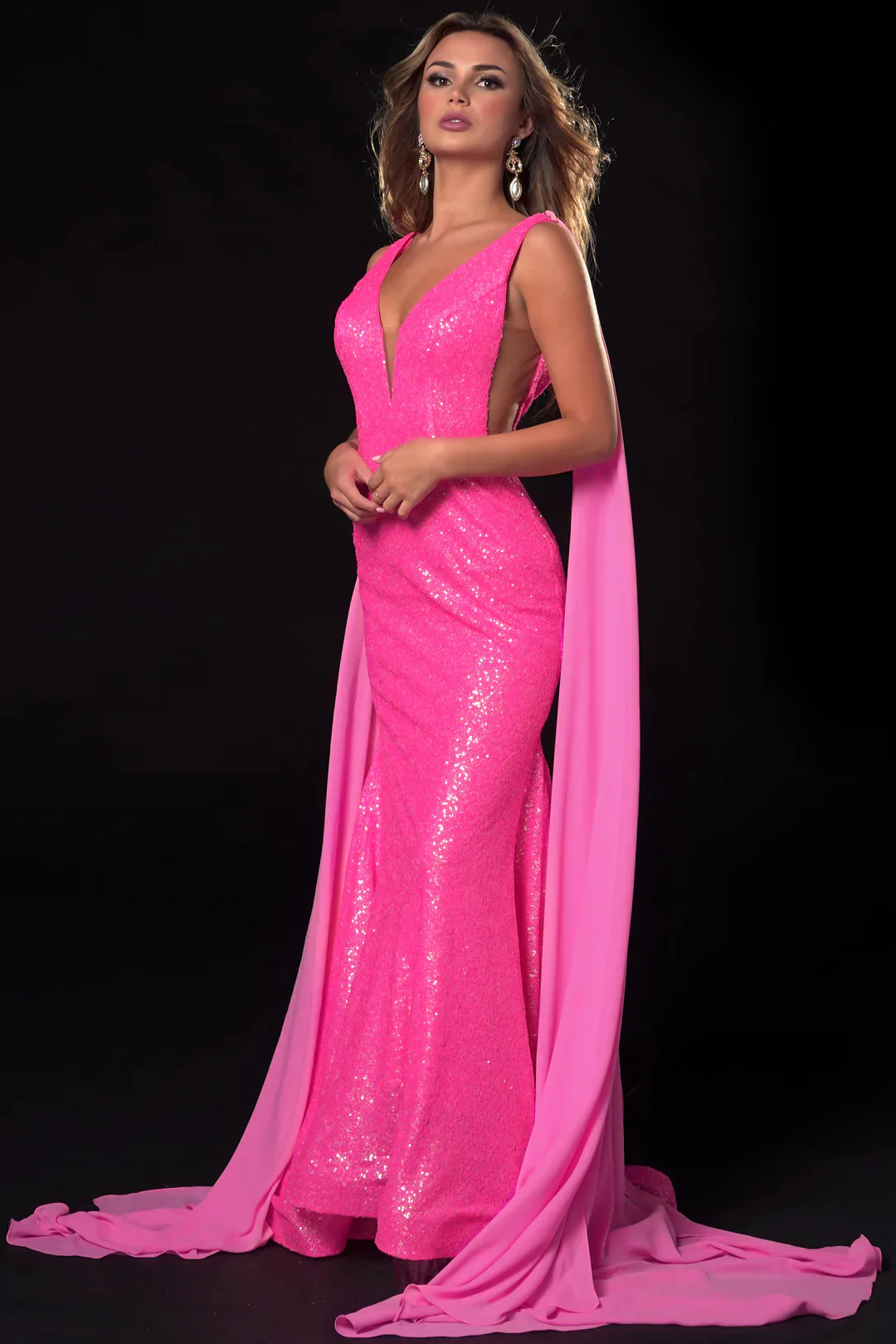 Ava Presley 37346 Size 6 Neon Orange Mermaid Sequin Prom Dress Long Fitted Pageant Gown Detachable Cape Sleeves - Image 3