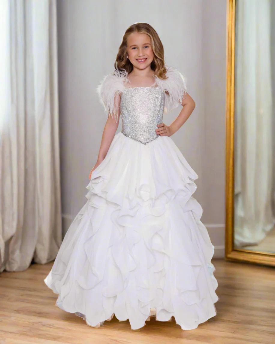Ava Presley 38039 Feather Crystal Girls Pageant Dress Ruffle A Line Skirt Ball Gown