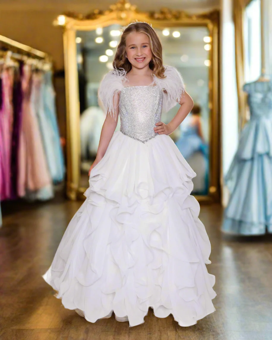 Ava Presley 38039 Feather Crystal Girls Pageant Dress Ruffle A Line Skirt Ball Gown - Image 3