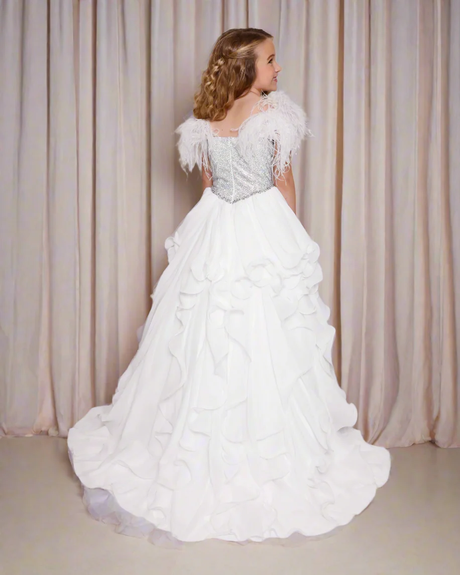 Ava Presley 38039 Size 12 White Feather Crystal Girls Pageant Dress Ruffle A Line Skirt Ball Gown - Image 2